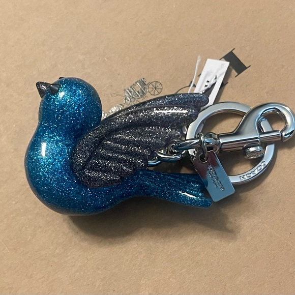 RARE Coach Blue and Gray Resin Glitter Bird Keychain Fob Bag Charm - Picture 5 of 11